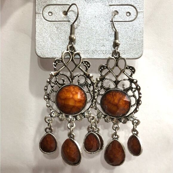 Rainbow Jewelry Brown Beveled Rhinestones Teardrop Chandelier Earrings (a)180 - Picture 6 of 7